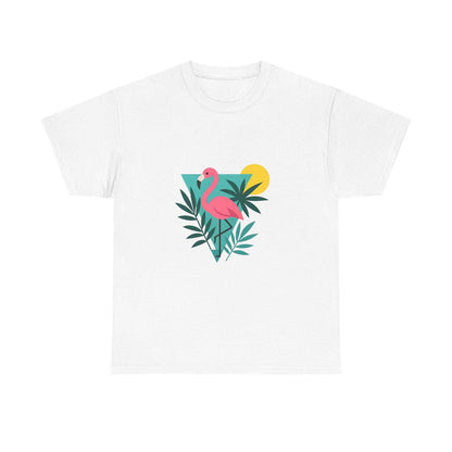 White t-shirt with a flamingo and palm tree design on a white background