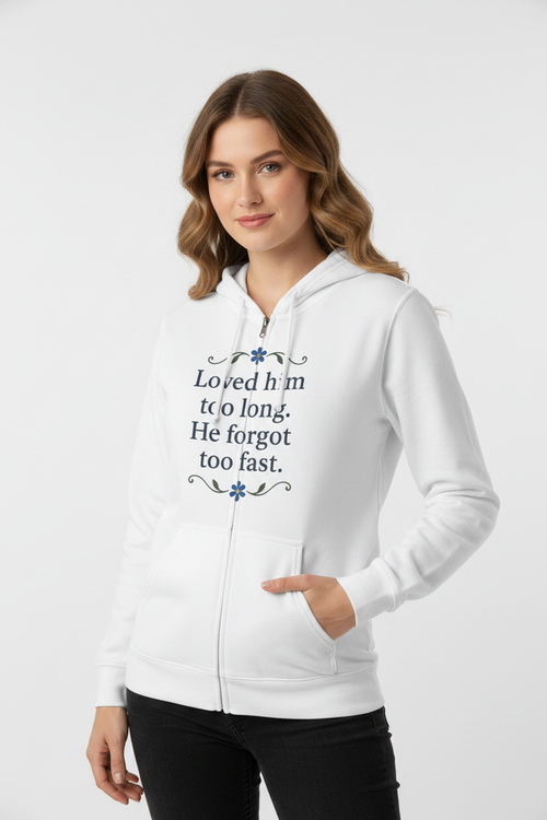 Unisex zip hoodie shown in a front view with full zipper, drawstring hood, front pockets and printed graphic clearly visible.