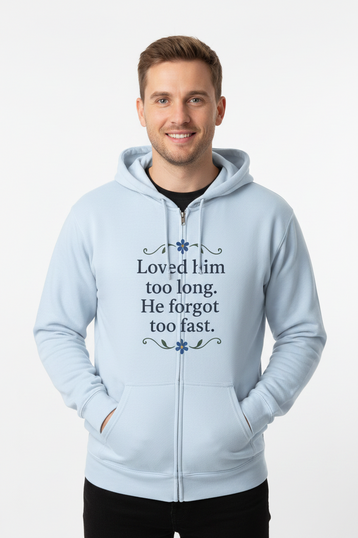Unisex full zip hoodie shown in front view with graphic design, drawstring hood and front pocket details for clear reference.