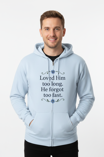 Unisex full zip hoodie shown in front view with graphic design, drawstring hood and front pocket details for clear reference.