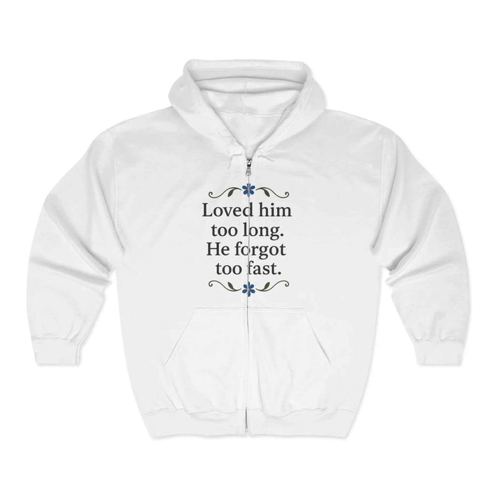 White unisex zip hoodie shown in a close product view with printed text, floral graphic details and full zipper construction.