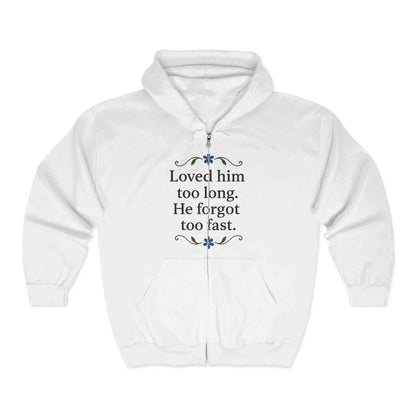 White unisex zip hoodie shown in a close product view with printed text, floral graphic details and full zipper construction.