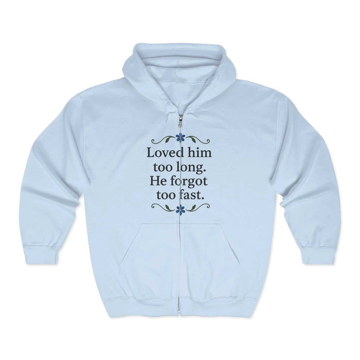 Model wearing the unisex zip hoodie in a casual product view with the front zipper, hood and printed graphic clearly visible.