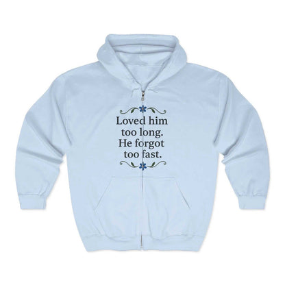 Model wearing the unisex zip hoodie in a casual product view with the front zipper, hood and printed graphic clearly visible.