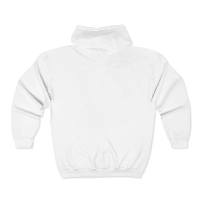 Unisex full zip hoodie shown in a front view with hood, front pockets and printed graphic for clear product style references.