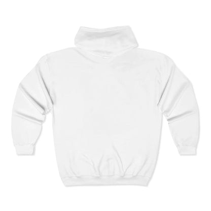 Unisex full zip hoodie shown in a front view with hood, front pockets and printed graphic for clear product style references.