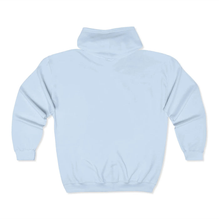 Close-up view of unisex zip hoodie highlighting front zipper, hood construction and printed graphic design detail on garment.