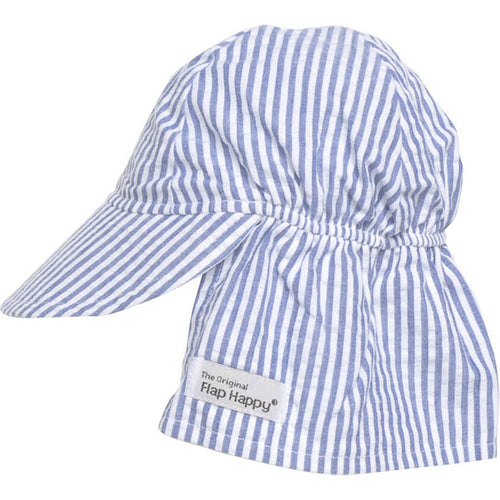 A blue and white striped sun hat with a wide brim and an elastic band, labeled 'Flap Happy'.