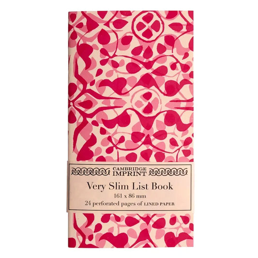 Cambridge Imprint very slim list book with pink floral pattern on a white background