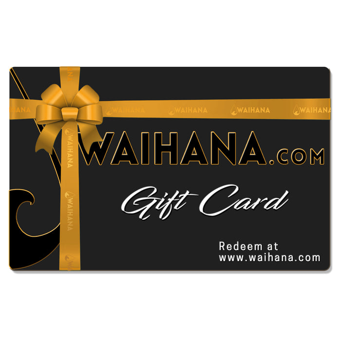 Black Waihana.com gift card with a gold ribbon and bow design, featuring the text 'Gift Card' and instructions to redeem at www.waihana.com.