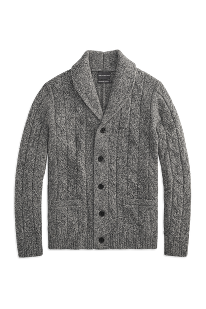 Front view of WARMKNIT wool cardigan in salt & pepper