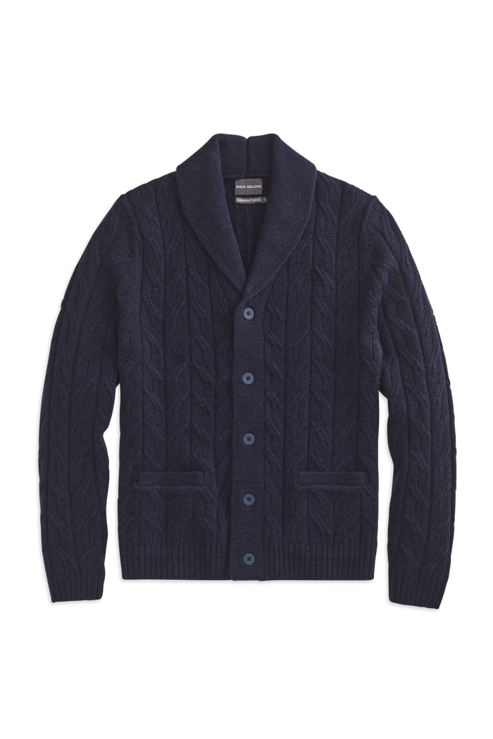 Front view of WARMKNIT wool cardigan in true navy