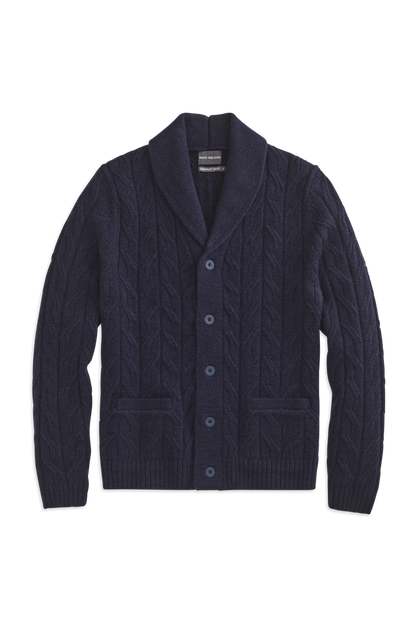 Front view of WARMKNIT wool cardigan in true navy