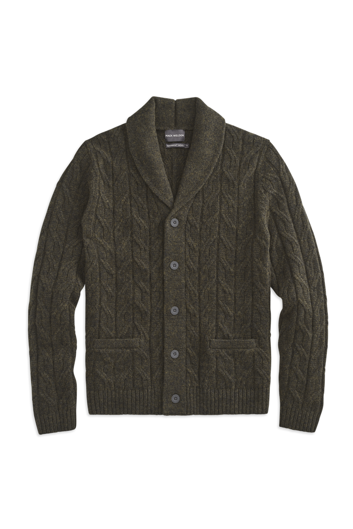 Front view of WARMKNIT wool cardigan in Foxhole Heather