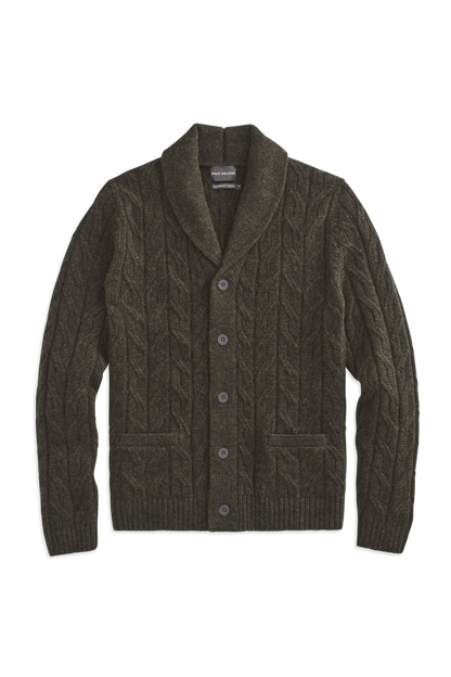 Front view of WARMKNIT wool cardigan in Foxhole Heather
