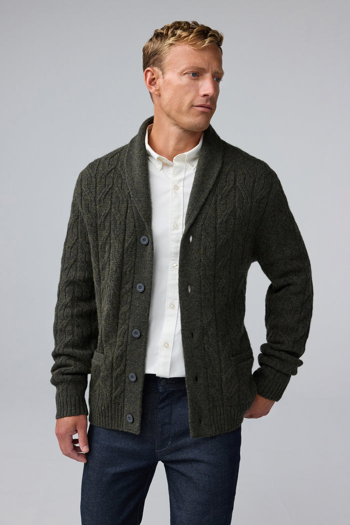 hover | Front view of man wearing WARMKNIT Wool Cardigan in Foxhole Heather