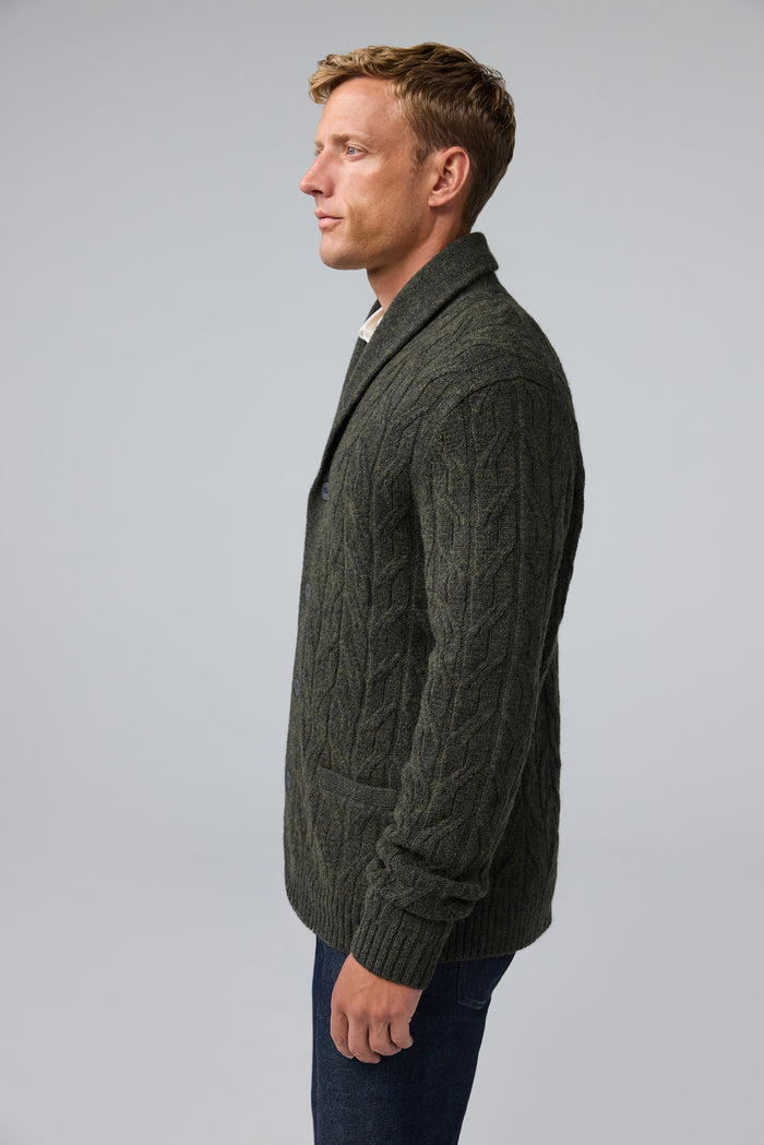 Side view of man wearing WARMKNIT Wool Cardigan in Foxhole Heather