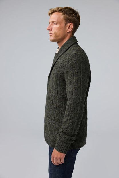 Side view of man wearing WARMKNIT Wool Cardigan in Foxhole Heather