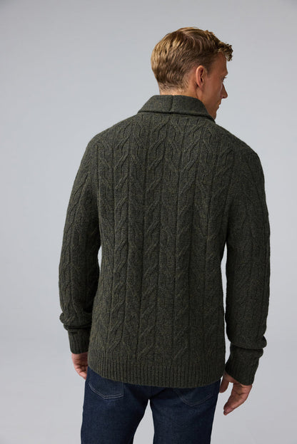 Back view of man wearing WARMKNIT Wool Cardigan in Foxhole Heather