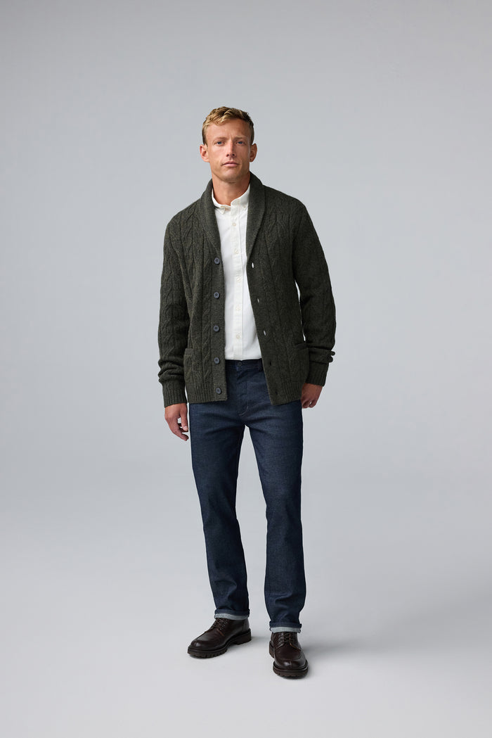 Full body front view of man wearing WARMKNIT Wool Cardigan in Foxhole Heather