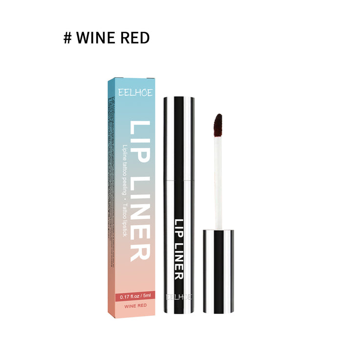Waterproof lip liner with precision applicator showing a peel-off color stain for defined lips and smudge-proof all-day wear.