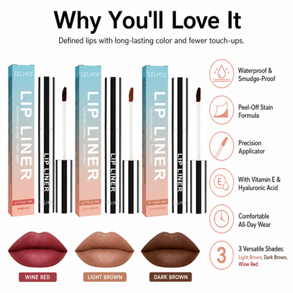 Waterproof peel-off lip liner with Vitamin E and Hyaluronic Acid for comfortable wear, precise lines and a lasting lip color.