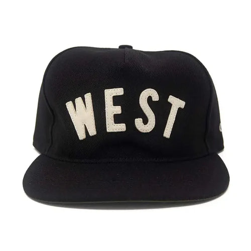 Black cap with 'WEST' embroidered on the hat against a white background.