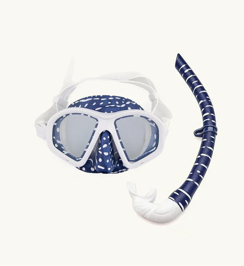 Whale Shark mask and snorkel set featuring a navy blue and white spotted pattern on the silicone skirt and snorkel tube, with white frame and clear tempered lenses, displayed on a neutral background.