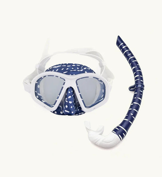 Whale Shark mask and snorkel set featuring a navy blue and white spotted pattern on the silicone skirt and snorkel tube, with white frame and clear tempered lenses, displayed on a neutral background.
