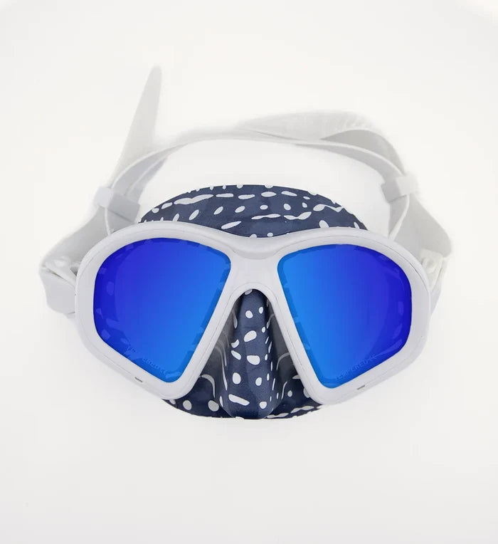 Whale Shark Low Volume Silicone Printed Mask with white frame, blue mirrored tempered glass lenses, and a navy blue whale shark spot-pattern skirt, shown front-facing against a white background.