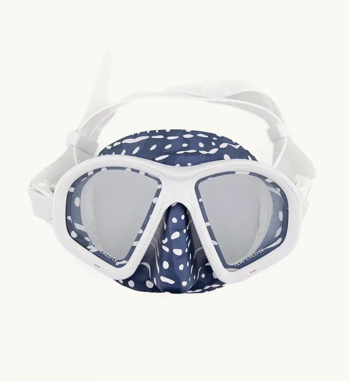 Front view of the Whale Shark Low Volume Silicone Printed Mask featuring a navy blue speckled pattern skirt, white frame, and blue mirrored tempered glass lenses on a white background.