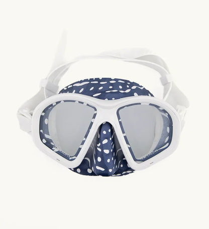 Front view of the Whale Shark Low Volume Silicone Printed Mask featuring a navy blue speckled pattern skirt, white frame, and blue mirrored tempered glass lenses on a white background.