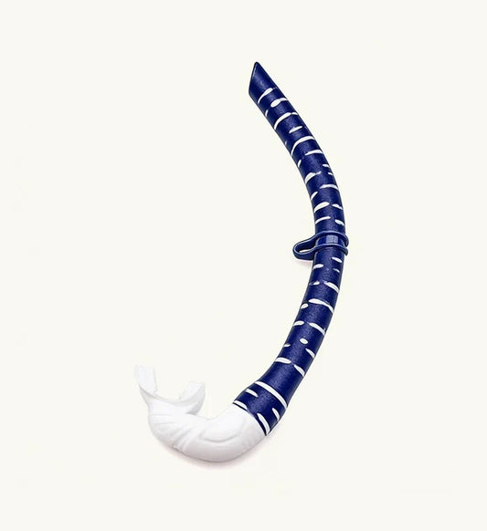 Navy blue silicone snorkel with white whale shark spot pattern and white mouthpiece displayed against a neutral off-white background.