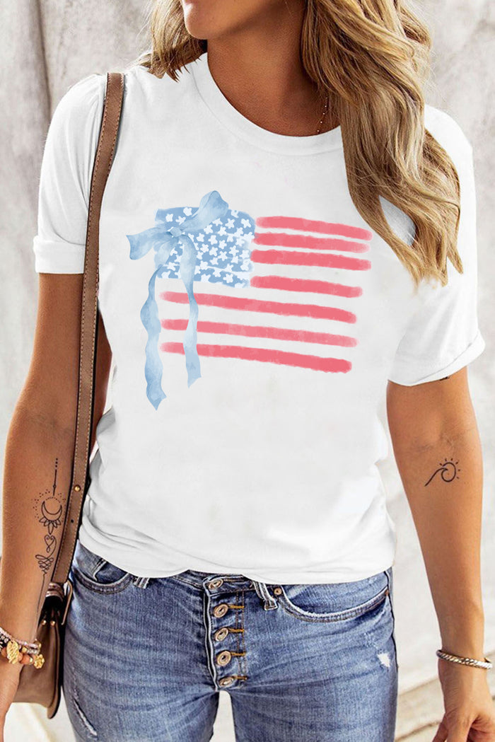 White American Flag Bow Knot Print Crew Neck T Shirt