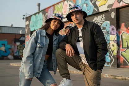 white bucket hats bold eye print polyester dome crown on white base, streetwear sun hat for beach travel and festivals