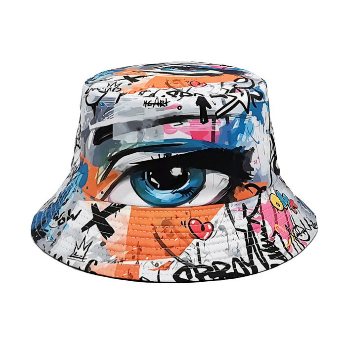 eye print bucket hat front view, white bucket hats aesthetic with graffiti print for streetwear outfits and photo days