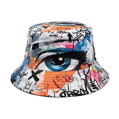 eye print bucket hat front view, white bucket hats aesthetic with graffiti print for streetwear outfits and photo days