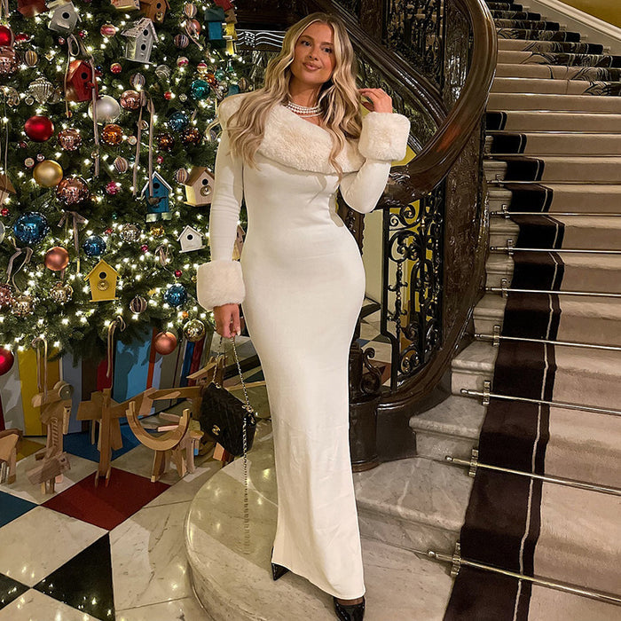 long sleeve white maxi dress side profile highlighting body skimming fit, polished look for commute to cocktail plans