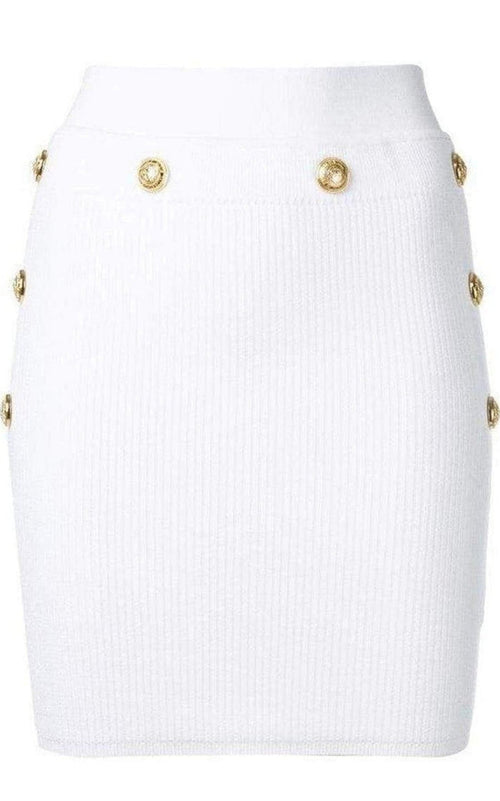 Balmain Button - Embellished Ribbed Stretch - knit Mini Skirt - Runway Catalog