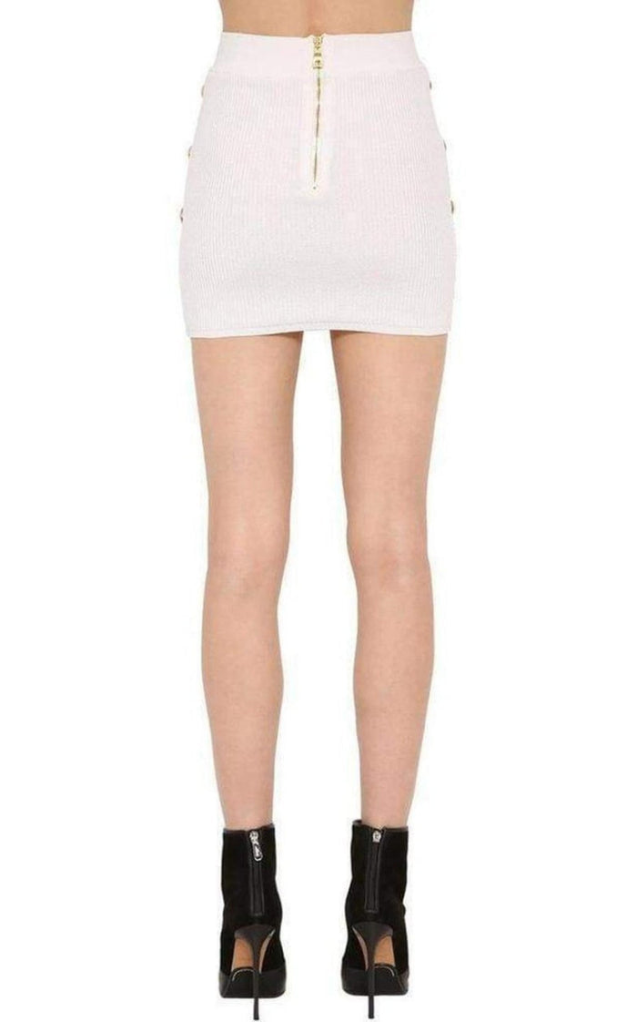Balmain Button - Embellished Ribbed Stretch - knit Mini Skirt - Runway Catalog