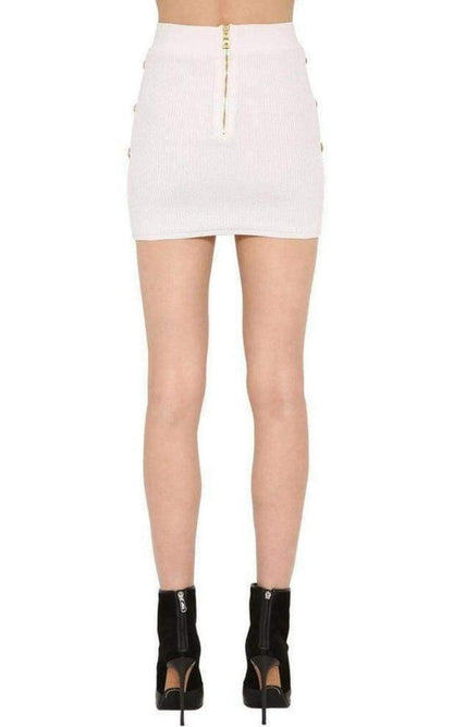 Balmain Button - Embellished Ribbed Stretch - knit Mini Skirt - Runway Catalog
