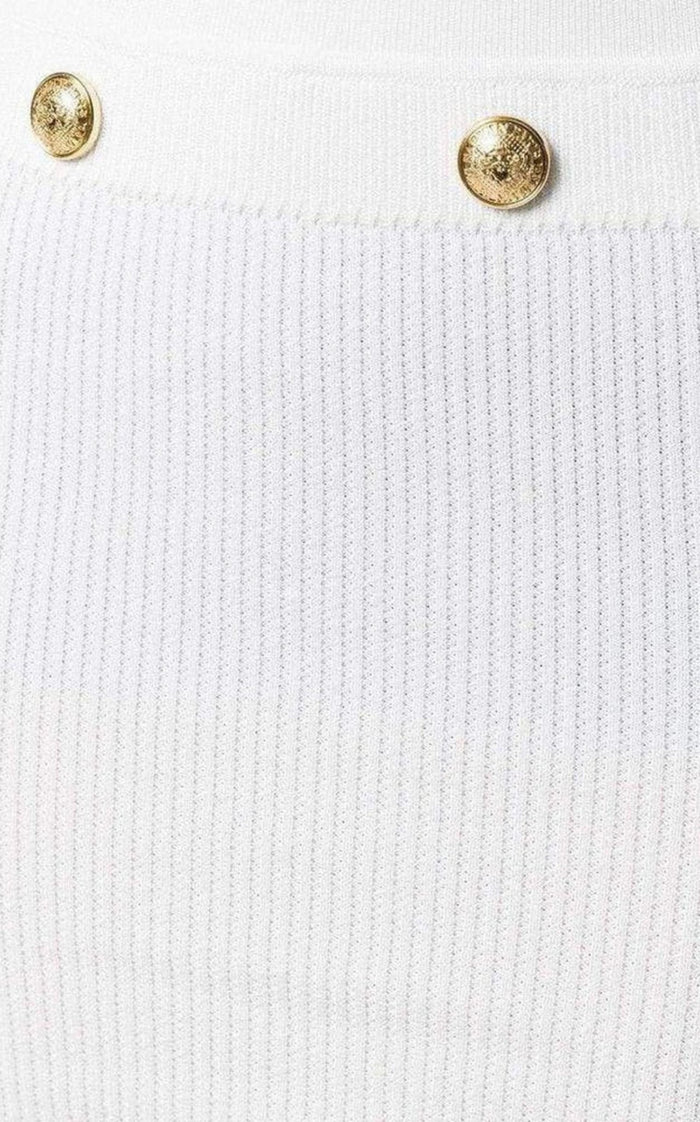 Balmain Button - Embellished Ribbed Stretch - knit Mini Skirt - Runway Catalog