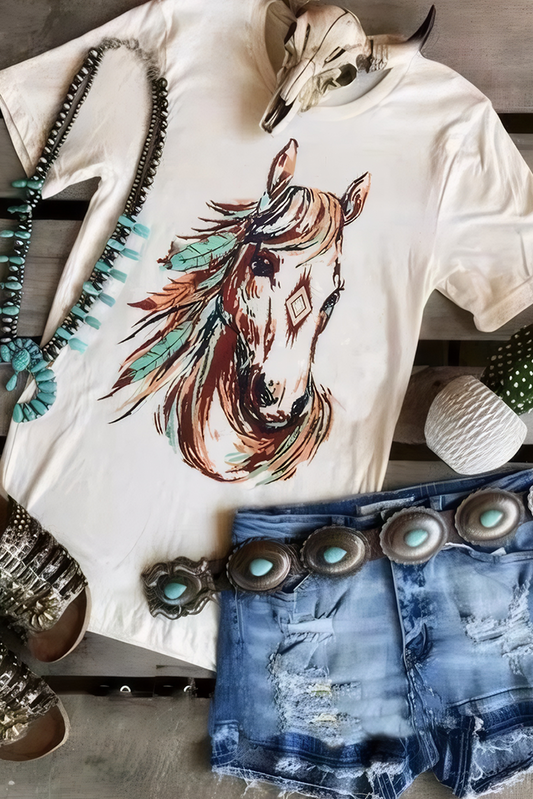 White Western Aztec Horse Graphic Crewneck Tee