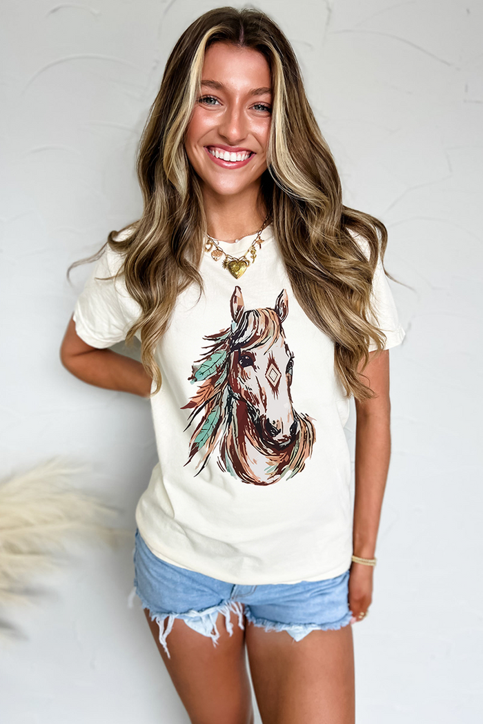 White Western Aztec Horse Graphic Crewneck Tee