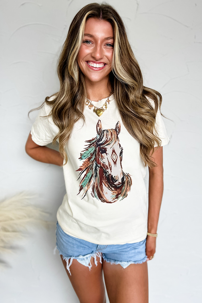 White Western Aztec Horse Graphic Crewneck Tee