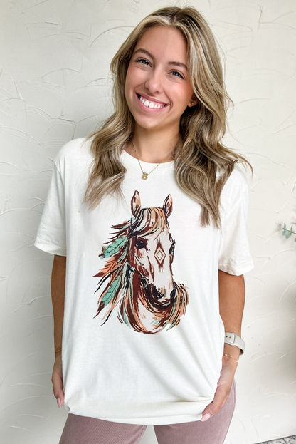 White Western Aztec Horse Graphic Crewneck Tee