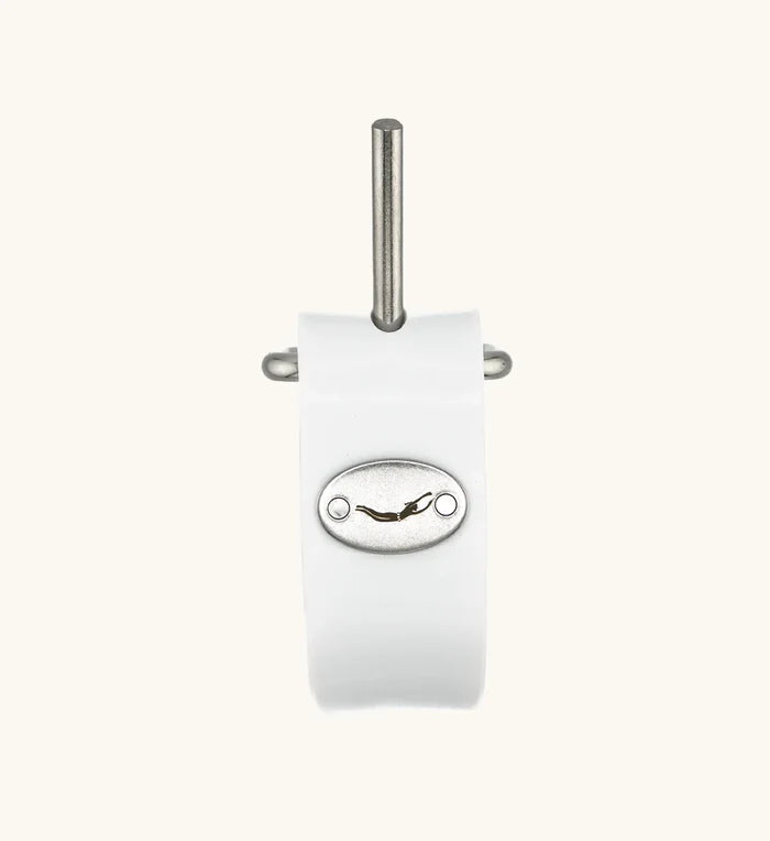 White rubber dive weight belt with stainless steel pin buckle and oval Waihana diver logo plate, photographed on a neutral background.