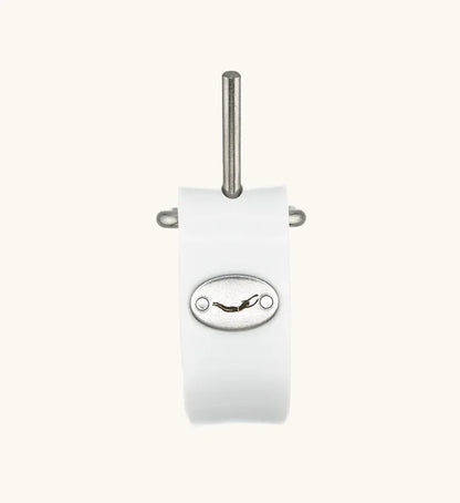 White rubber dive weight belt with stainless steel pin buckle and oval Waihana diver logo plate, photographed on a neutral background.