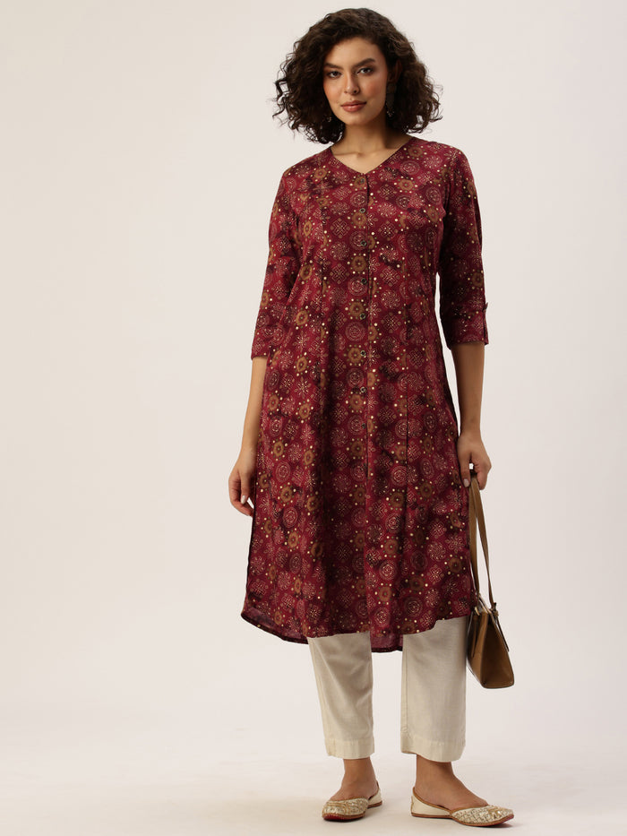 Wine Ethnic Motifs Printed Kurta, Princess Cur Kurta, A-Line Kurta, Floral Print, Mandarin Collar kurta, printed kurta