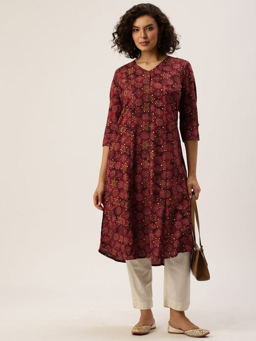 Wine Ethnic Motifs Printed Kurta, Princess Cur Kurta, A-Line Kurta, Floral Print, Mandarin Collar kurta, printed kurta